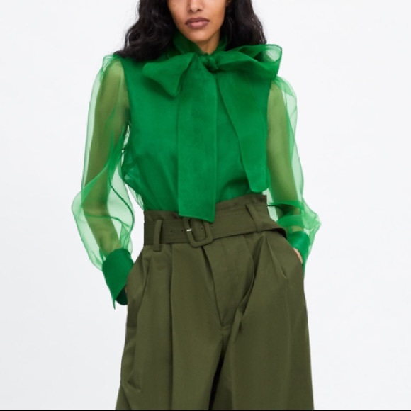 Zara Green Organza Blouse With Tie 